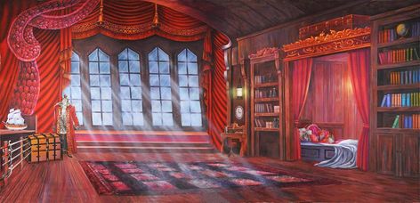 Captain's Quarters Professional Scenic Backdrop - 	From Captain Hook to Anne Bonnie, this richly decorated captain's quarters is the perfect intimate setting for your next high seas adventure! https://www.theatreworldbackdrops.com/3455/captain's-quarters-backdrop #peterpan #pirates #captainhook #backdrop #scenic #handpainted #theatreworld Pirate Captains Quarters, Pirate Ship Captains Quarters, Captain Quarters, Pirate Background, Mythical Jewelry, Fantasy Pirate, Project Graduation, Captain's Quarters, Pirate Room