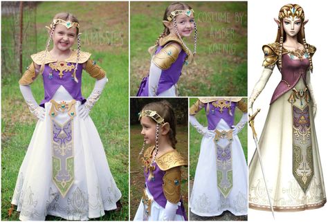 Here is the Princess Zelda -- Twilight Princess -- costume that I made for my daughter in 2014.  I used a white flowergirl dress from Goodwill as the base and then made pretty much everything else from scratch (my first time making a costume or any type of Cosplay).  -Ambsies Princess Zelda Diy Costume, Zelda Costume Diy, Zelda Halloween Costumes, Link Zelda Costume, Zelda Halloween, Princess Zelda Costume, Zelda Costume, Zelda Dress, Zelda Party