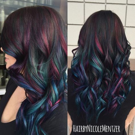 Oil Slick Peekaboo Hair color idea Mermaid Oil, Oil Slick Hair Color, Galaxy Mermaid, Oil Slick Hair, Peekaboo Hair Colors, Slick Hair, Ariel Hair, Peekaboo Hair, Real Human Hair Extensions