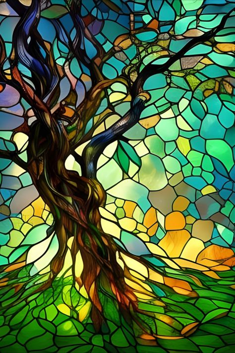 Beautiful, colorful, faux stained glass image of a gnarled tree Trees Stained Glass Patterns, Tree Stained Glass Window, Tree Stained Glass Pattern, Stained Glass Tree Patterns, Tree Stained Glass, Stained Glass Background, Stained Glass Trees, Stained Glass Tree, Glass On Glass Mosaic