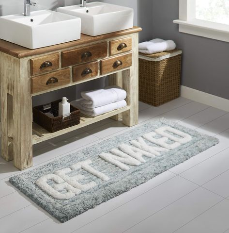 PRICES MAY VARY. INCLUDES: (1) Bathroom Rug QUALITY: Made of 100% microfiber material. Rubber backing for non-slip. CARE: Machine washable SIZES: 24" x 60" DESIGN: Features the phrase “Get Naked” in white letters Lil Mama, Inspiring Message, Apartment Bathroom, Bathroom Design Luxury, Bathroom Inspo, Bathroom Wallpaper, Bath Mat Rug, Bath Mats