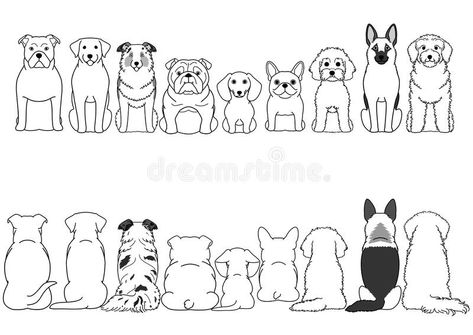 Line art Dogs sitting in a row, front and back. Various breeds of cute dogs sitting in front and back side bundle, isolated on white vector illustration Dogs Sitting, Tatoo Dog, Dog Line Drawing, Chicken Illustration, Back Drawing, Dog Outline, Dog Line Art, Arte Doodle, Dog Line