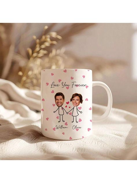 1 pezzo Tazza personalizzata con foto, tazza da caffè con coppia di cartoni animati personalizzati con nome e testo, ritratto personalizzato su entrambi i lati, idoneità come regalo per matrimonio, anniversario, commemorazione, decorazione domestica, San Valentino, Natale, Ringraziamento Bianco    Porcellana     Kitchen & Dining, size features are:Bust: ,Length: ,Sleeve Length: