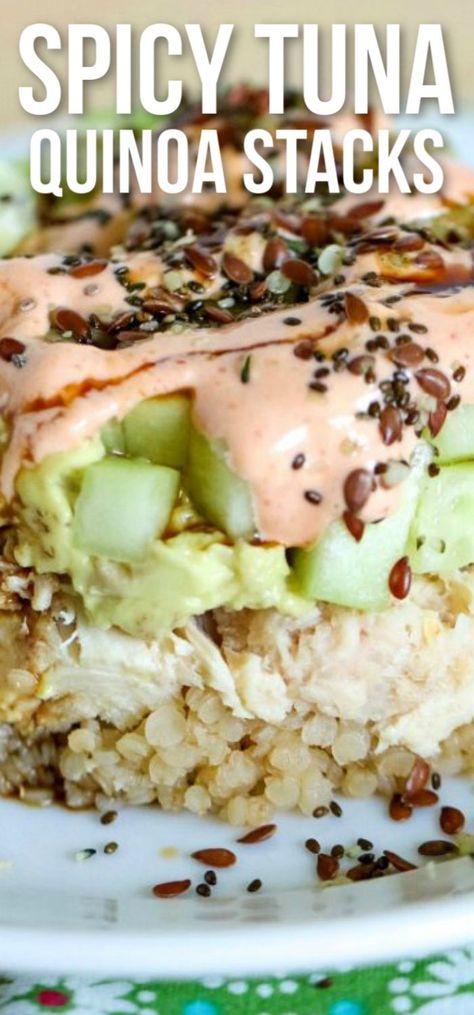 Spicy Tuna Quinoa Stacks are a quick and easy meal that is healthy, good for you and full of flavor! PLUS ready in under 10 minutes!   #quinoa #tuna #spicy #snack #easymeal #allthingsmamma | allthingsmamma.com Tuna Quinoa, Spicy Tuna Sushi, Spicy Tuna, Tuna Recipes, Quinoa Recipes, Breakfast Recipes Easy, Clean Eating Snacks, Healthy Lunch, Fish Recipes