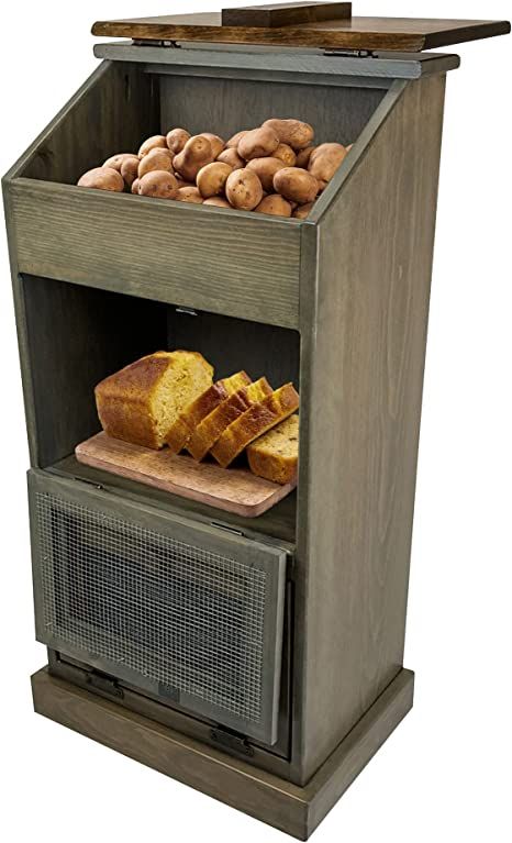 Peaceful Classics Potato Storage Wood Box, Wooden Bread Storage Bins, Decorative Potato and Onion Storage Bin, Potato Bin w/Grocery Section, Wooden Vegetable Storage w/Lid for Kitchen Pantry, Pewter Potato And Onion Storage, Bungalow Kitchen Remodel, Vegetable Storage Bin, Rustic Storage Cabinets, Potato Bin, Wooden Bread Box, Potato Storage, Onion Storage, Cottagecore Kitchen