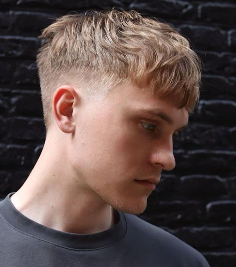 Blonde Textured Taper Fade Men’s Blonde Short Hair, Taper Fade Haircut Blonde Men, Straight Hairstyles Men Blonde, Men Haircut Taper Fade, Blonde Fade Men, Messy French Crop Haircut Men, Low Taper Blonde Hair, Men’s Hair Blonde, Blonde Man Hairstyle