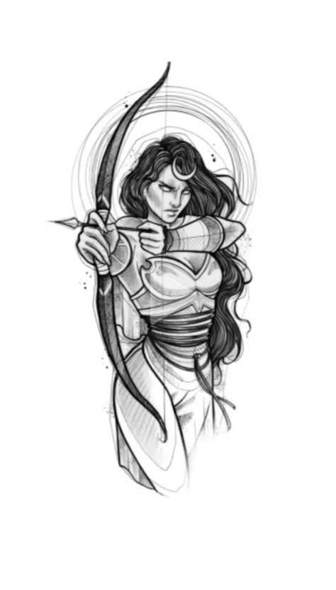 Artemis Sketch, Artemis Tattoo Design, Artemis Drawing, Greek Goddess Tattoo, Artemis Tattoo, Archer Tattoo, Sagittarius Tattoo Designs, Athena Tattoo, Mode Poses