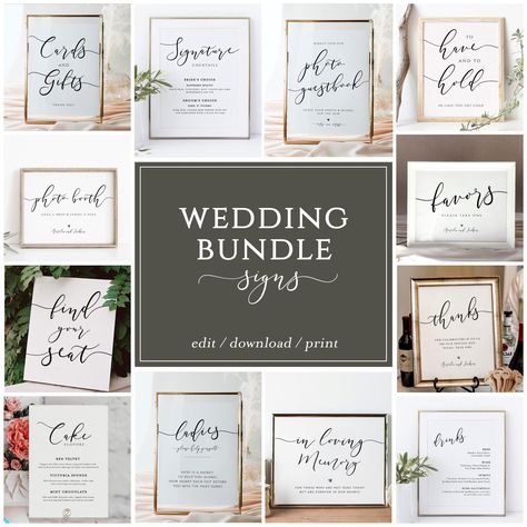 Our elegant wedding reception sign bundle includes 24 editable sign templates. They are the perfect sign package to use for your wedding reception as they offer a minimalist elegant aesthetic and can easily match with most wedding decors. ----------------- DEMO LINK ----------------- TRY BEFORE YOU BUY Copy and paste this url into your web browser: https://templett.com/design/demo/sofia/2435998,2436087,2437309,2437573,2806293,2697572,2867584,2481203,2481205,2442915,2442981,2442986,2442996,248127 Signs For Wedding Reception, Wedding Signs For Reception, Wedding Signage Template, Find Your Seat Sign, Thank You Sign, Photo Booth Sign, Wedding Reception Signs, Elegant Wedding Reception, Signing Table Wedding