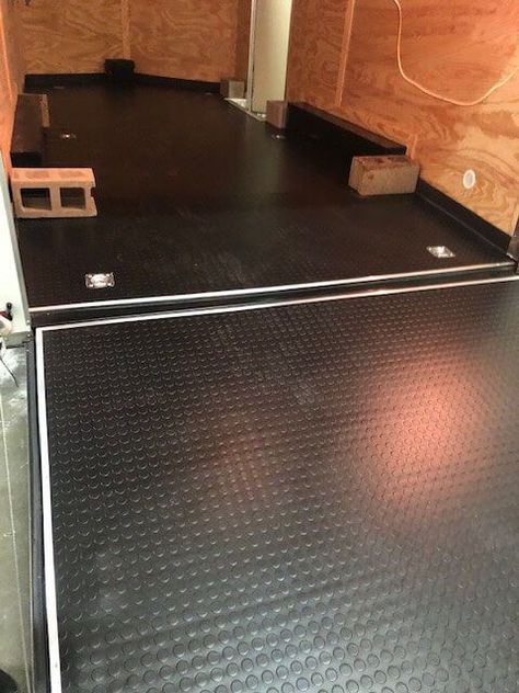 Mark upgraded his trailer with a BLT mat. #BLT #TravelInStyle Enclosed Trailer Flooring Ideas, Race Trailer, Trailer Ramps, Deck Railing Design, Mobile Workshop, Enclosed Trailer, Trailer Storage, Garage Flooring, Enclosed Trailers