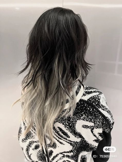 Gray On Top Black Underneath Hair, Wolfcut With White Highlights, Silver Hair With Black Underneath, Silver Streaks In Black Hair, Black With White Tips Hair, Black And White Hair Wolfcut, Black And White Layered Hair, Dyed Wolfcut Hair, Brown Hair With Silver Tips