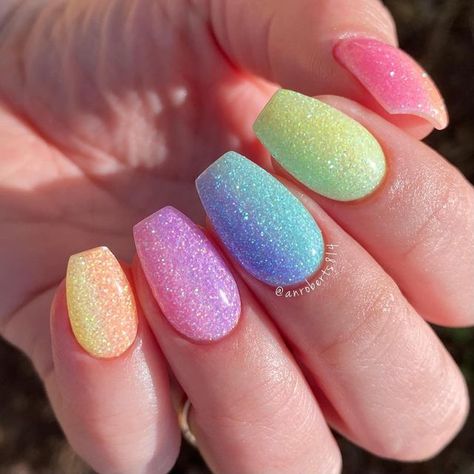 Sparkle Easter Nails, Easter Sparkle Nails, Summer Nails With Glitter Accent, Rainbow Glitter Nails Acrylic, Sparkle Spring Nails, Spring Glitter Nails Sparkle, Neon Sparkle Nails, Spring Rainbow Nails, Summer Nails Glitter Sparkle