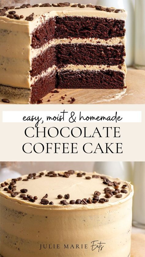 Make the perfect moist chocolate layer cake with coffee buttercream icing with this homemade cake recipe. Follow Julie Marie Eats for easy dessert ideas and baking recipes for a crowd. Chocolate Coffee Birthday Cake, Moist Chocolate Layer Cake, Creative Cake Recipes, Coffee Cake Filling, 2 Layer Chocolate Cake, Cake Recipes Strawberry, Homemade Cake Recipe, Coffee Chocolate Cake, Cake With Coffee