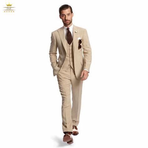 Champagne Grooms Mens Tuxedos Custom Wedding Suits For Men With Pants Peak Lapel Two Buttons Jacket + Pants+Tie +Vest LY013-in Suits from Men's Clothing & Accessories on Aliexpress.com | Alibaba Group Groom Idea, Tan Brown Shoes, Style Année 20, Groom Suits, Tailored Style, Tan Suit, Man Blazer, Slim Fit Tuxedo, Groom Tuxedo