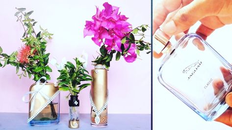 You can watch complete video on youtube Flower In Glass Bottle, Patron Bottle Flower Vase, Square Bottle Vase, Acrylic Water Flowers Glass Vase Diy, Glass Bottle Flower Vase, Empty Perfume Bottles, Empty Bottles, Diy Youtube, Flower Making