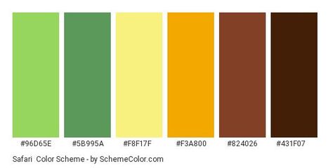 Safari - Color scheme palette thumbnail - #96D65E #5B995A #F8F17F #F3A800 #824026 #431F07 Hexadecimal Color, Green Name, Brown Color Schemes, Yellow Violet, Colors Schemes, Colour Matching, Aesthetic Board, Colors Palette, Light Blue Green