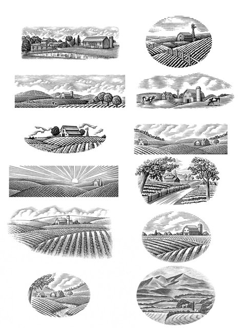 Scratchboard Illustration, Steven Noble, Scratchboard Art, Landscape Tattoo, Pen Illustration, Social Design, Landscape Sketch, Farm Logo, Engraving Illustration