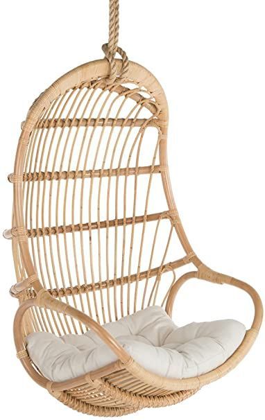 Color	Natural
Form Factor	Wood
29 inches wide x 30 inches deep x 47 inches tall. Seat Cushion 24 inches x 26 inches
Hand crafted from naturally grown rattan. Not intended for outdoor use. Cannot be left exposed to the elements.
Feet of hemp Rope included. Hanging hardware is not included.
Installation by a professional required.
Clean rattan with damp cloth. Dry clean removable cotton Seat Cushion cover. Hanging Rattan, Hanging Egg Chair, Hammock Stand, Swing Chair, Hammock Chair, Rattan Chair, Rattan Furniture, Egg Chair, Swinging Chair