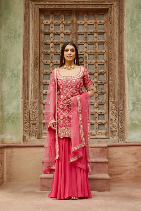 Pink Gharara, Frontier Raas, Pink Sharara Suit, Diwali Look, White Sharara, New Suit Design, Pink Sharara, Georgette Sharara, Embroidered Sharara