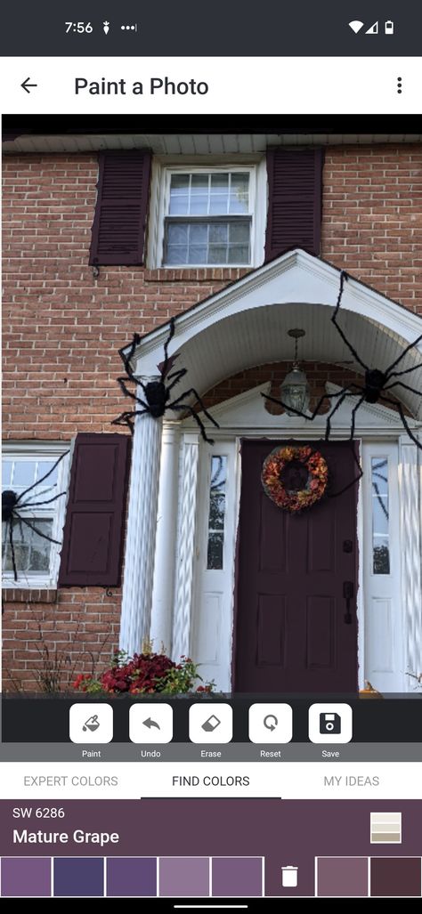 Colonial brick house with plum front door and shutters using Sherwin Williams app Plum Shutters, Plum Front Door, Purple Shutters, Colonial Brick House, Shutters Brick House, Door Shutters, Nest Ideas, Plastic Shutters, House Shutters