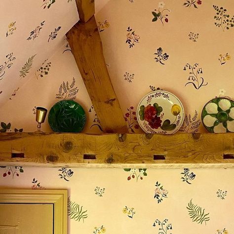 Rachel Bottomley Home on Instagram: "After and Before 💫 A happy accident….. The ceiling in this room used start below the horizontal wooden beam (swipe right to see before) We had no idea what was hidden above until the ceiling had to come down to be repaired. It was a very exciting day when the 17th century beams were revealed & we decided to volt the roof. Tess Newall’s magical wallpaper @tessnewallstudio is a match made in heaven with the beams and high ceilings. I can’t bring myself to ha Starred Wallpaper Ceiling, Stenciled Ceiling Beams, Hand Hewn Beams Vaulted Ceiling, Gold Star Wallpaper Ceiling, Hand Hewn Box Beams, Wooden Beams, Made In Heaven, Ceiling Beams, Match Making