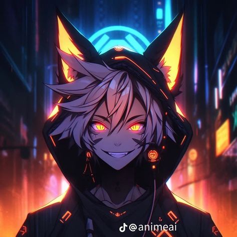 Wolf hoodie Ai, a male with dark grayish-silver hair and orangeish-yellow glowing eyes, has a city background. Wearing a black hoodie with orange highlights and wolf ears. Seen smiling at the viewer with a toothy grin. Wolf Hoodie With Ears, Toothy Grin, Wolf Hoodie, Orange Highlights, Wolf Ears, Glowing Eyes, City Background, Wolf Head, Art Characters