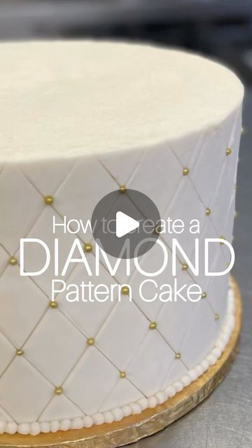 ALISHA NUTTALL on Instagram: "💎Creating a diamond pattern cake is super easy!  •Start with a frosted, frozen cake. •Lay a diamond impression mat on the cake. •Usinf a smoothing tool to create lines into it. •Enhance the lines with a bench scraper for added depth. •Place edible pearls at each corner. •Finish by piping frosting pearls along the edges.  And now you have a 💎DIAMOND pattern cake!" Diamond Wedding Cake Ideas, Simple Wedding Cake With Pearls, Diamond Cake Design, Diamond Cake Ideas, Cake With Diamonds, Frosting Patterns, Cakes With Pearls, Diamond Wedding Anniversary Cake, Diamond Wedding Cakes