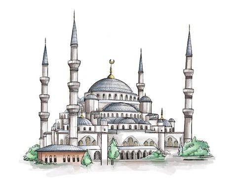 Istanbul Mosque Drawing, Blue Mosque Istanbul Drawing, Blue Mosque Sketch, Mosque Drawing Islamic Art, Blue Mosque Drawing, Hagia Sophia Sketch, Hagia Sophia Drawing, Drawing Istanbul, Mosque Sketch