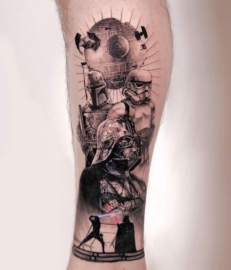 Star Wars Tattoo Sleeve, Darth Vader Tattoo, Fallout Tattoo, Spiderman Tattoo, Batman Tattoo, Movie Tattoo, Movie Tattoos, Marvel Tattoos, Biomechanical Tattoo