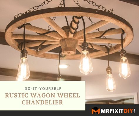 Wagon Chandelier, Wagon Wheel Chandelier Diy, Diy Wagon Wheel, Diy Lustre, Diy Wagon, Farmhouse Style Lighting Fixtures, Wagon Wheel Light, Wagon Wheel Decor, Mason Jar Light Fixture