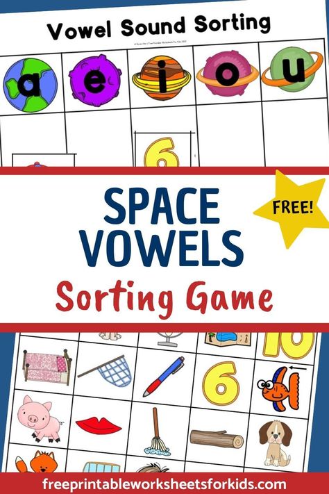 Students will love this simple space-themed vowel sorting activity. Which planet does the object belong on? Sound it out loud for some out of this world fun! Great literacy center for phonics and CVC. #freeprintableworksheetsforkids #vowelcvcspelling #phonics #space #solarsystemplanet Space Cvc Words, Space Themed Learning Centers, Outer Space Circle Time Activities, Space Themed Reading Activities, Space Theme Literacy Activities, Kindergarten Space, Constellation Activities, Prek Learning, Cvc Activities