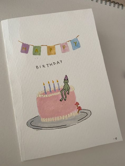 Frog Cake Birthday Card Cute Watercolour Birthday Card, Polaroid Birthday Card Ideas, Cutest Birthday Cards, Cute Birthday Cards Inside, Watercolour Happy Birthday, Frog Birthday Cards Handmade, Doodle Greeting Cards, Quirky Birthday Cards, Watercolour Happy Birthday Card