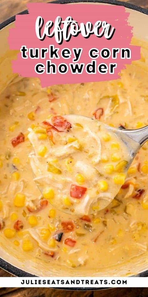 Turkey Corn Chowder is a hearty, delicious soup recipe that's perfect for using up leftover turkey or chicken. Make this with your holiday leftovers. It's easy but bursting with flavor! Turkey Chowder Recipes, Turkey Corn Chowder, Turkey Chowder, Recipe Using Leftover Chicken, Turkey Roasted, Leftover Turkey Soup, Traditional Holiday Recipes, Turkey Soup Recipe, Leftover Recipes