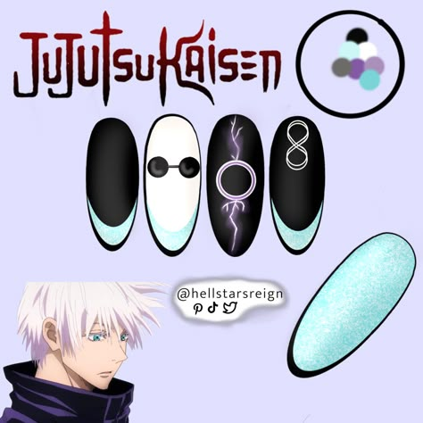 Anime Nails Art Jujutsu Kaisen, Gojo Nails Design, Gojo Satoru Nails Art, Gojo Satoru Nails Design, Anime Nail Ideas Jujutsu Kaisen, Gojo Nail Ideas, Gojo Themed Nails, Jjk Nails Designs Gojo, Gojo Nail Art