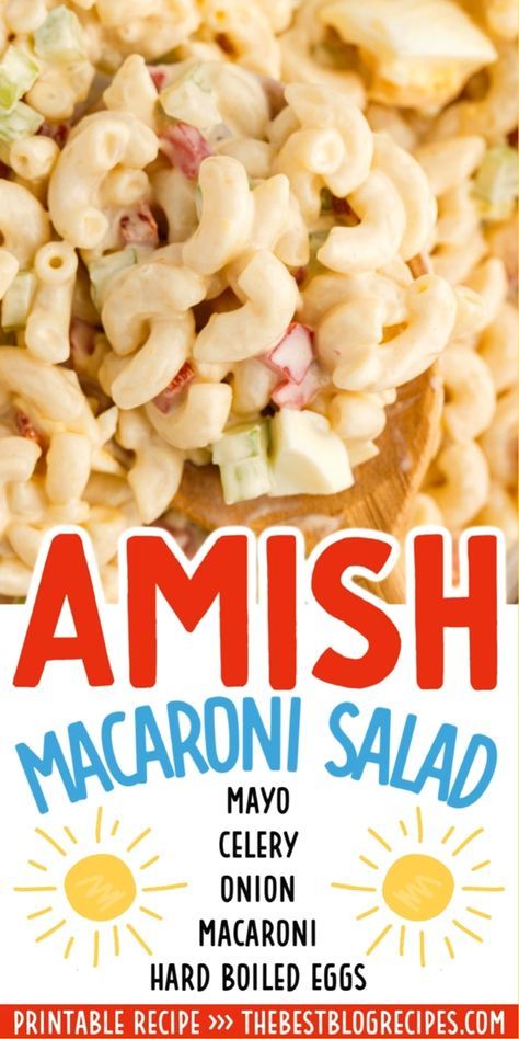 Amish macaroni salad is a tasty, simple side dish loaded with flavor and mixed in a sweet, creamy sauce. Perfect for your next BBQ or potluck, this pasta salad will be a huge hit!  #AmishRecipes #MacaroniSalad #PotluckIdeas #SideDishes #PicnicFood Overnight Salad, Lemon Fluff, Pa Dutch Recipes, Homemade Macaroni Salad, Amish Macaroni Salad, Easy Macaroni Salad, Mom Breakfast, Pea Salad Recipes, Pasta Varieties