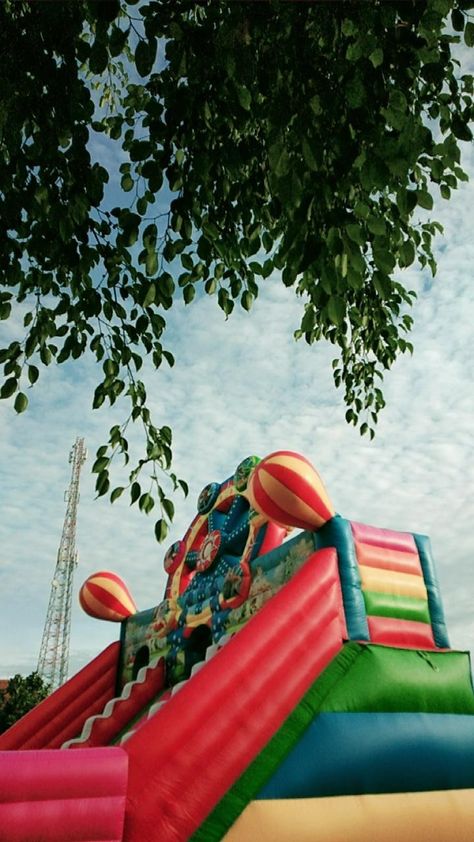 Bouncy castle and morning sky at Langensari Park Bounce House Aesthetic, Bouncy Castle Aesthetic, Rave Wedding, Friendship Activities, Carnival Of The Animals, Bouncy House, 2024 Goals, Future Games, Castle Aesthetic