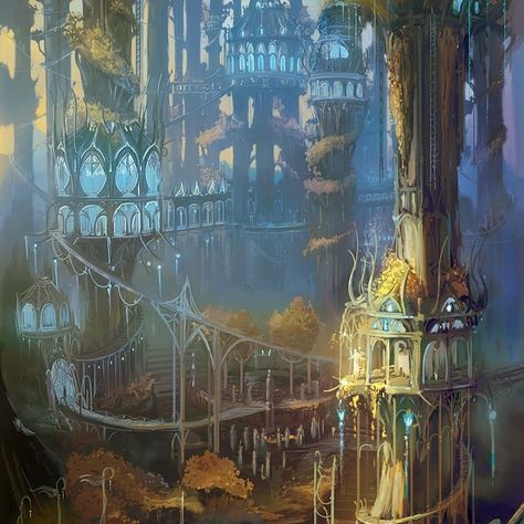 Lothlorien Art, Lothlorien Aesthetic, Elf World, Elf City, Elven Tree, Elven City, Concept Art Landscape, Magic Realms, Lotr Elves