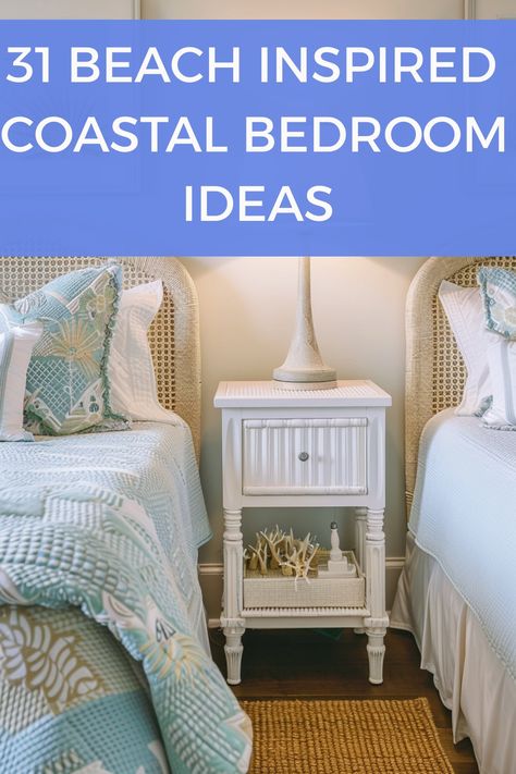 Discover 31 beach-inspired coastal bedroom ideas. Infuse your space with soft blues, sandy neutrals, and airy whites. Incorporate natural textures like driftwood, seashells, and woven accents. Use light, breezy fabrics, nautical decor, and ocean-themed artwork to create a serene, beachy retreat that captures the essence of coastal living. Beachy Farmhouse Bedroom, Coastal Guest Room, Beachy Farmhouse, Rm Style, Dark Bedding, Coastal Bedroom Ideas, Beachy Theme, Feminine Bedroom, Rustic Coastal