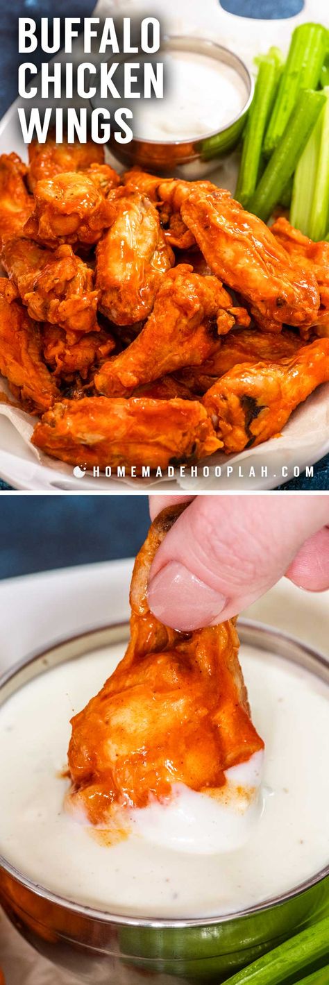 Buffalo Chicken Wings! Perfect for a party, these restaurant-style buffalo chicken wings are baked to crispy perfection (no deep frying!) and then coated in spicy buffalo sauce. | HomemadeHooplah.com Bake Chicken Wings, Spicy Buffalo Sauce, Buffalo Chicken Wings, Walnut Recipes, Low Carb Chicken Recipes, Best Appetizer Recipes, Wings Recipe, Baked Chicken Wings, Deep Frying