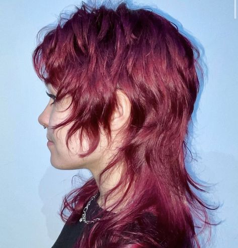 Female Mullet Wavy Hair, Dark Red Mullet, Red Shaggy Hair, Red Mullet Hair, Red Hair Mullet, Long Shag Mullet, 80s Shag, Goth Mullet, Feminine Mullet