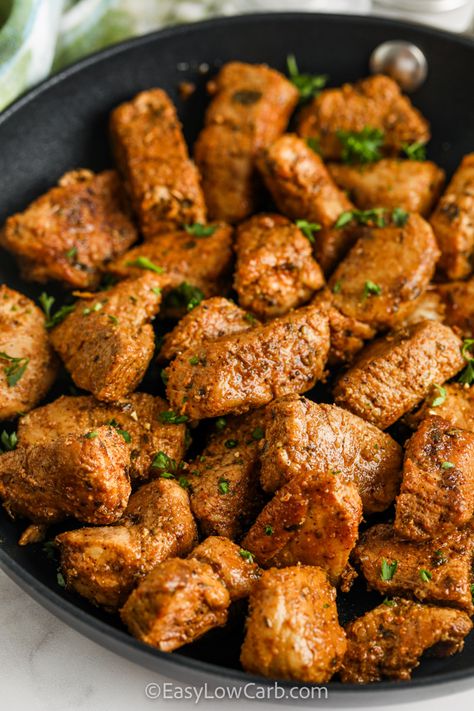 Cajun Pork Bites, Recipes With Diced Pork, Spicy Pork Loin Recipes, Pork Chop Appetizer, Keto Pork Stew Meat Recipes, Pork Tenderloin Appetizer Recipes, Recipes For Pork Stew Meat, Dice Pork Recipes, Diced Pork Chop Recipes