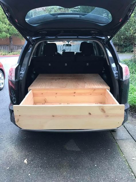 DIY SUV drawer, car camping, storage SUV camping, Car bed, RAV4, Toyota Suv Camper Conversion, Camper Conversion Ideas, Car Camping Organization, Suv Storage, Camping Vans, Colorado Life, Kangoo Camper, Truck Living, Suv Camper