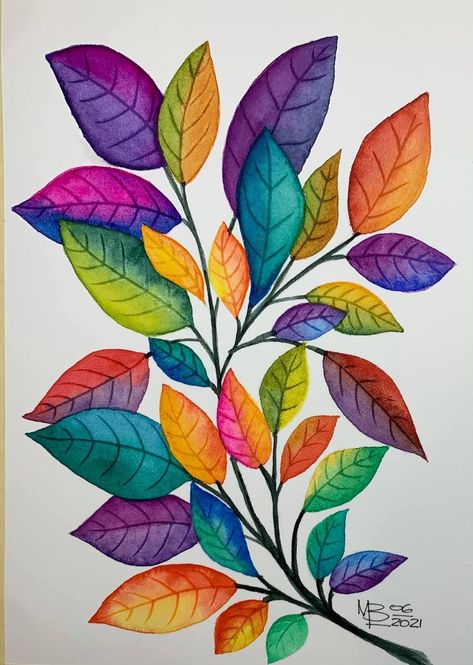 Flower With Leaf Drawing, Flower Drawing Design Colour, Beautiful Flower Drawings Colour, Leaf Design Drawing, Water Colour Flower Paintings, Water Colour Pencil Drawing, Whimsical Art Paintings Acrylics, Watercolour Pencil Art, Whimsical Leaves