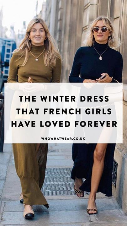 It's true: knitted dresses are a french girl aesthetic staple. Whether you're looking for a turtle neck knit dress or a knitted dress with a sweetheart neckline, these are the ones that Parisiennes recommend. Long Turtleneck Dress Outfit Winter, French Winter Dress, Chic Winter Dress, Knit Dress Sneakers Outfit, Turtleneck Maxi Dress Outfit, Rib Knit Dress Outfits Winter, How To Style A Knit Dress, Turtle Neck With Dress Outfit, How To Style A Turtleneck Dress