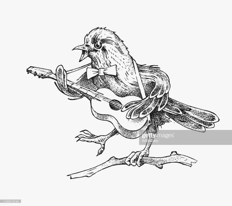 stock illustration : Sparrow bird plays the guitar and sings in a vintage style. Engraved hand drawn retro sketch for banner or t-shirt Singing Drawing, Birds Drawing, Guitar Illustration, Guitar Drawing, Logo Animal, Guitar Tattoo, Bird Sketch, Sparrow Bird, Engraving Illustration