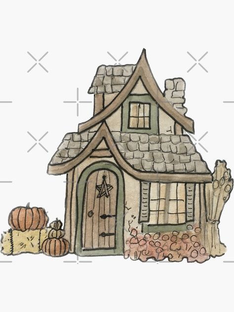 "Autumn Cottage Illustration in Watercolor" Sticker by WitchofWhimsy | Redbubble Cute Cottage Drawing Simple, Cottage Illustration Simple, Cottage House Drawing Easy, Small Cottage Drawing, Witch Cottage Drawing, Fairytale Cottage Drawing, Small House Illustration, Cottage Core Doodles, Cottage Drawing Simple