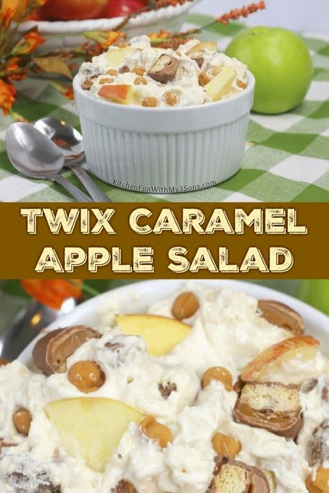 Twix Caramel Apple Salad - Kitchen Fun With My 3 Sons Twix Caramel Apple Salad, Carmel Apple Fluff Salad, Twix Apple Salad, Candy Apple Salad, Apple Twix Salad, Twix Salad, Caramel Apple Salad Recipe, Caramel Apple Kits, Desert Salad