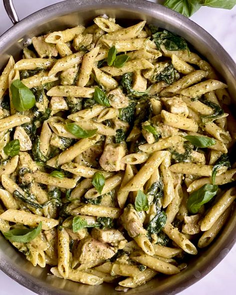 Chicken Pesto Pasta (Creamy and Garlicky) | Kitchn Chicken Pesto Pasta Recipes, Creamy Chicken Pesto Pasta, Pasta Entrees, Pesto Pasta Recipes Chicken, Chicken Pesto Pasta, Creamy Pesto Chicken Pasta, Pasta Side, Recipes To Try At Home, Chicken Pesto Recipes