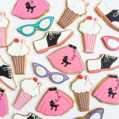 Soda Fountain Party, Grease Party Ideas, 1950s Tea Party, Retro Cookies, Barbie Cookies, Grease Themed Parties, Grease Party, Rockstar Birthday, Rockstar Birthday Party