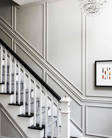 Applied molding is a simple way to add high impact dimension. ⠀ ⠀ ⠀ Interiors by @lcinteriors ⠀⠀ ⠀ ⠀ #entryway #entrywayideas #foyer… | Instagram Staircase Molding, Staircase Paneling, Applied Molding, Stairway Gallery Wall, Accent Wall Entryway, Stairwell Wall, Wainscoting Stairs, Stair Paneling, Staircase Wall Decor