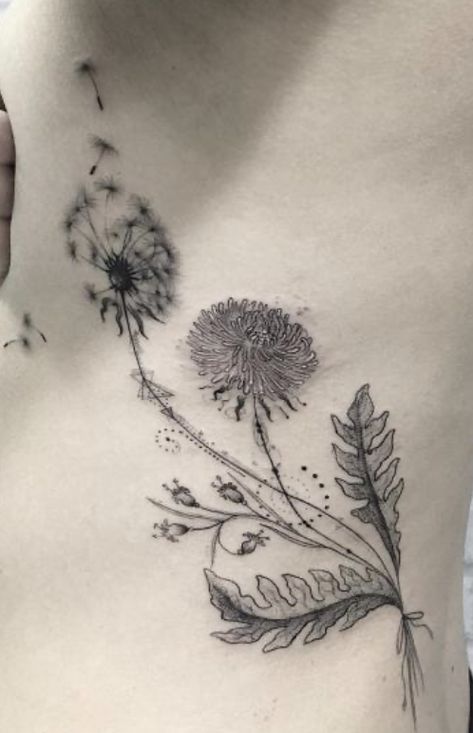 Dandelion And Bee Tattoo, Dandelion Fluff Tattoo, Dandelion Spine Tattoo, Dandelions Tattoos, Yellow Dandelion Tattoo, Dandelion Tattoo Design For Women, Dandelion Tattoo Design, Lion Flower, Blowing Dandelion